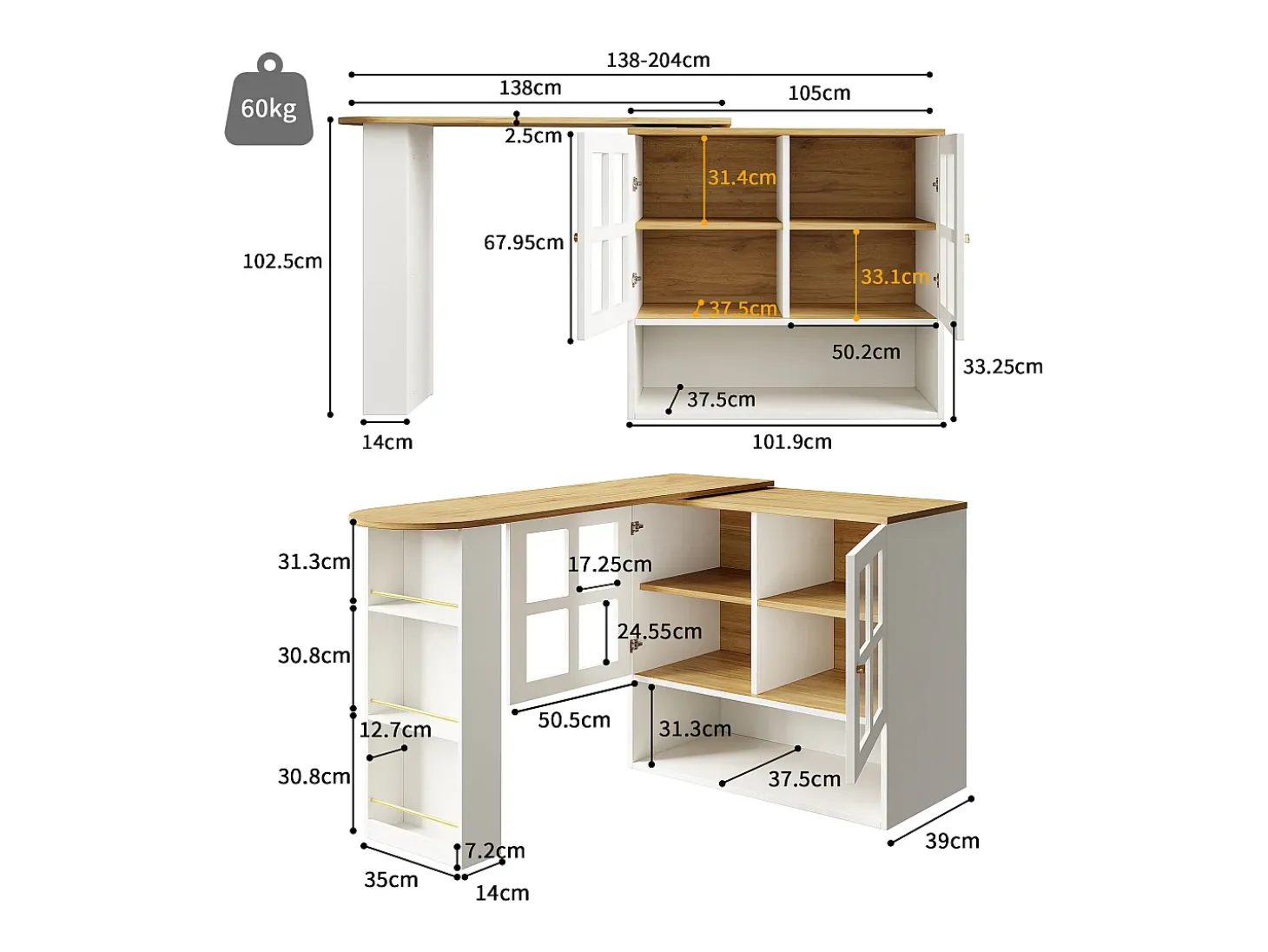 Móvel bar giratório - 204 x 39 x 102,5 cm - com 4 compartimentos de arrumação + 2 portas - MDF - branco
