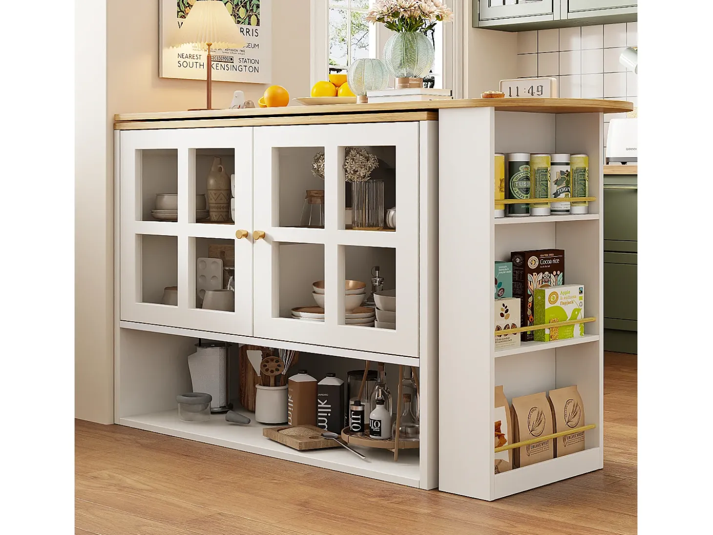 Móvel bar giratório - 204 x 39 x 102,5 cm - com 4 compartimentos de arrumação + 2 portas - MDF - branco