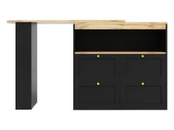 Móvel bar giratório com 4 gavetas e 1 nicho, corpo preto com tampo em folheado de madeira - 138x39x104cm