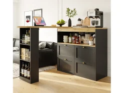 Móvel bar giratório com 4 gavetas e 1 nicho, corpo preto com tampo em folheado de madeira - 138x39x104cm