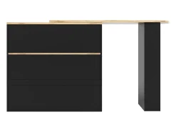 Móvel bar giratório com 4 gavetas e 1 nicho, corpo preto com tampo em folheado de madeira - 138x39x104cm