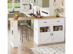 Móvel bar giratório com 1 gaveta larga e 2 portas, prateleira lateral de três níveis incluída, branco - 204x39x104cm