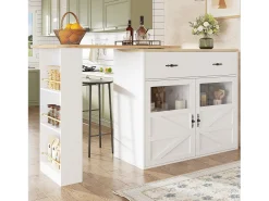 Móvel bar giratório com 1 gaveta larga e 2 portas, prateleira lateral de três níveis incluída, branco - 204x39x104cm