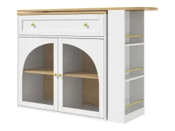 Móvel bar giratório com 1 gaveta larga e 2 portas de vidro, corpo branco, prateleiras incluídas - 204x39x104cm