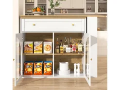 Móvel bar giratório com 1 gaveta larga e 2 portas de vidro, corpo branco, prateleiras incluídas - 204x39x104cm
