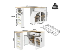 Móvel bar giratório com 1 gaveta larga e 2 portas de vidro, corpo branco, prateleiras incluídas - 204x39x104cm