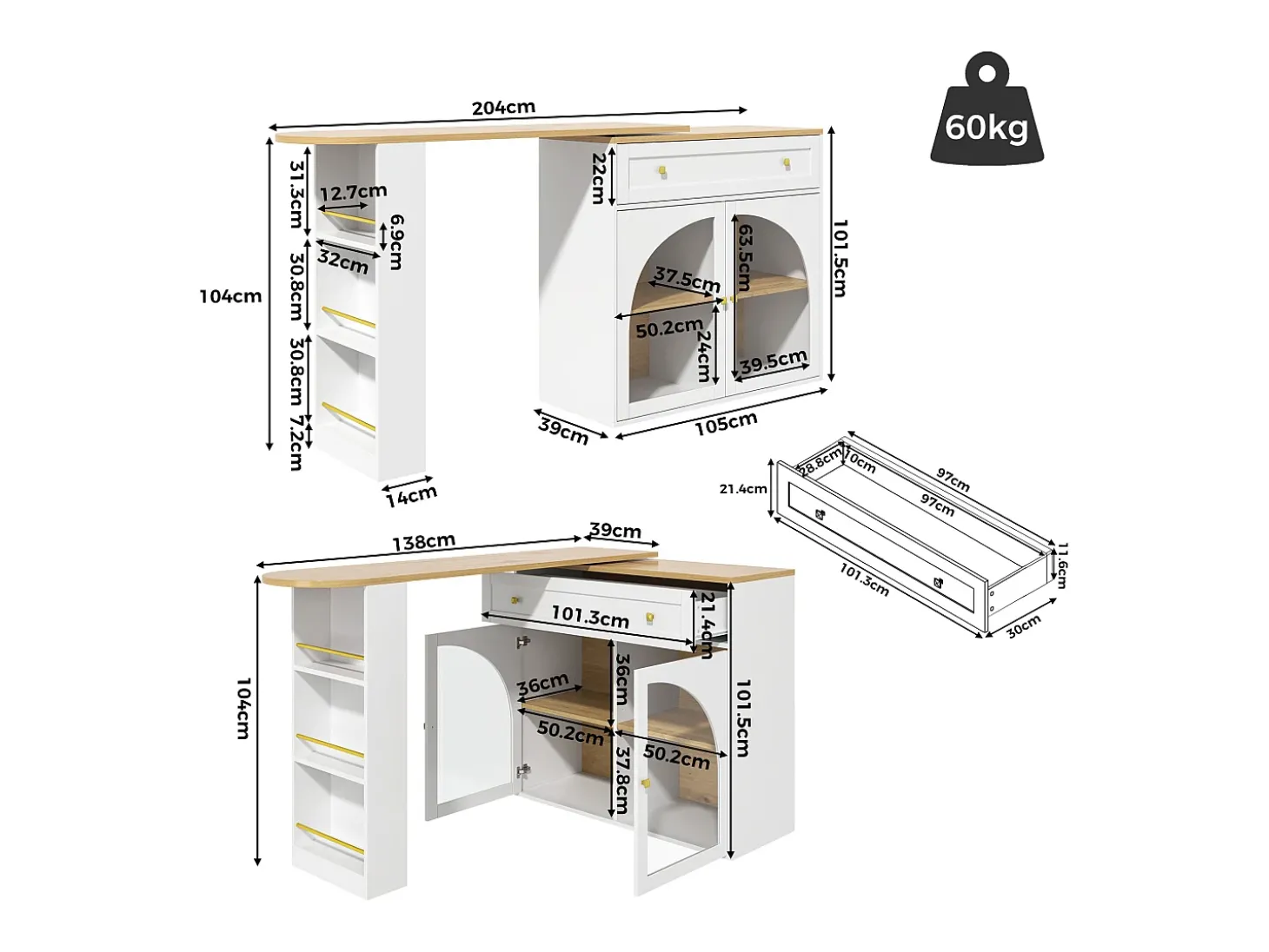 Móvel bar giratório com 1 gaveta larga e 2 portas de vidro, corpo branco, prateleiras incluídas - 204x39x104cm