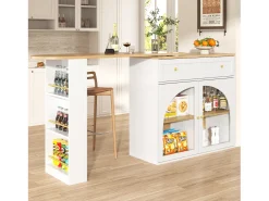 Móvel bar giratório com 1 gaveta larga e 2 portas de vidro, corpo branco, prateleiras incluídas - 204x39x104cm