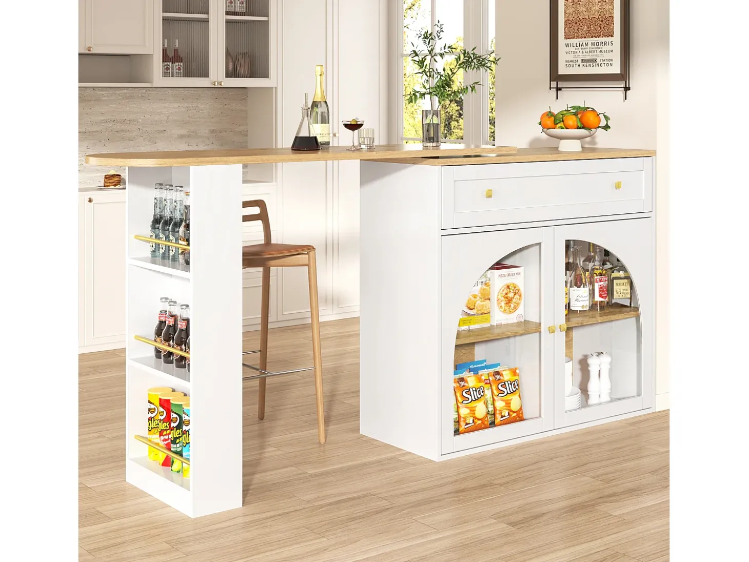 Móvel bar giratório com 1 gaveta larga e 2 portas de vidro, corpo branco, prateleiras incluídas - 204x39x104cm