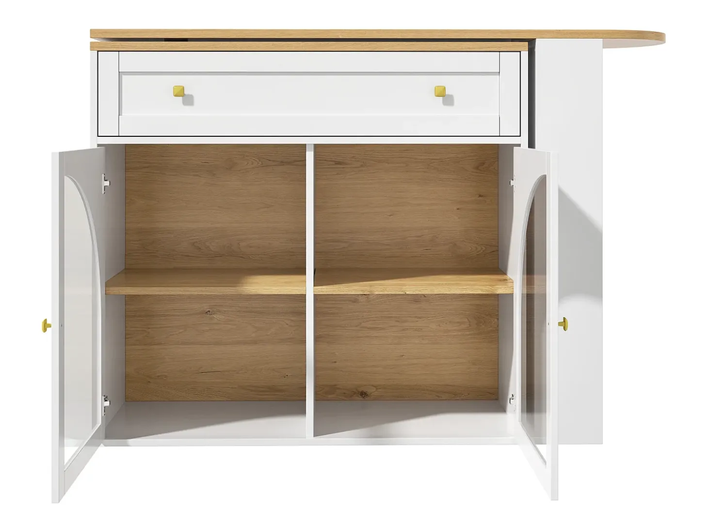 Móvel bar giratório com 1 gaveta larga e 2 portas de vidro, corpo branco, prateleiras incluídas - 204x39x104cm