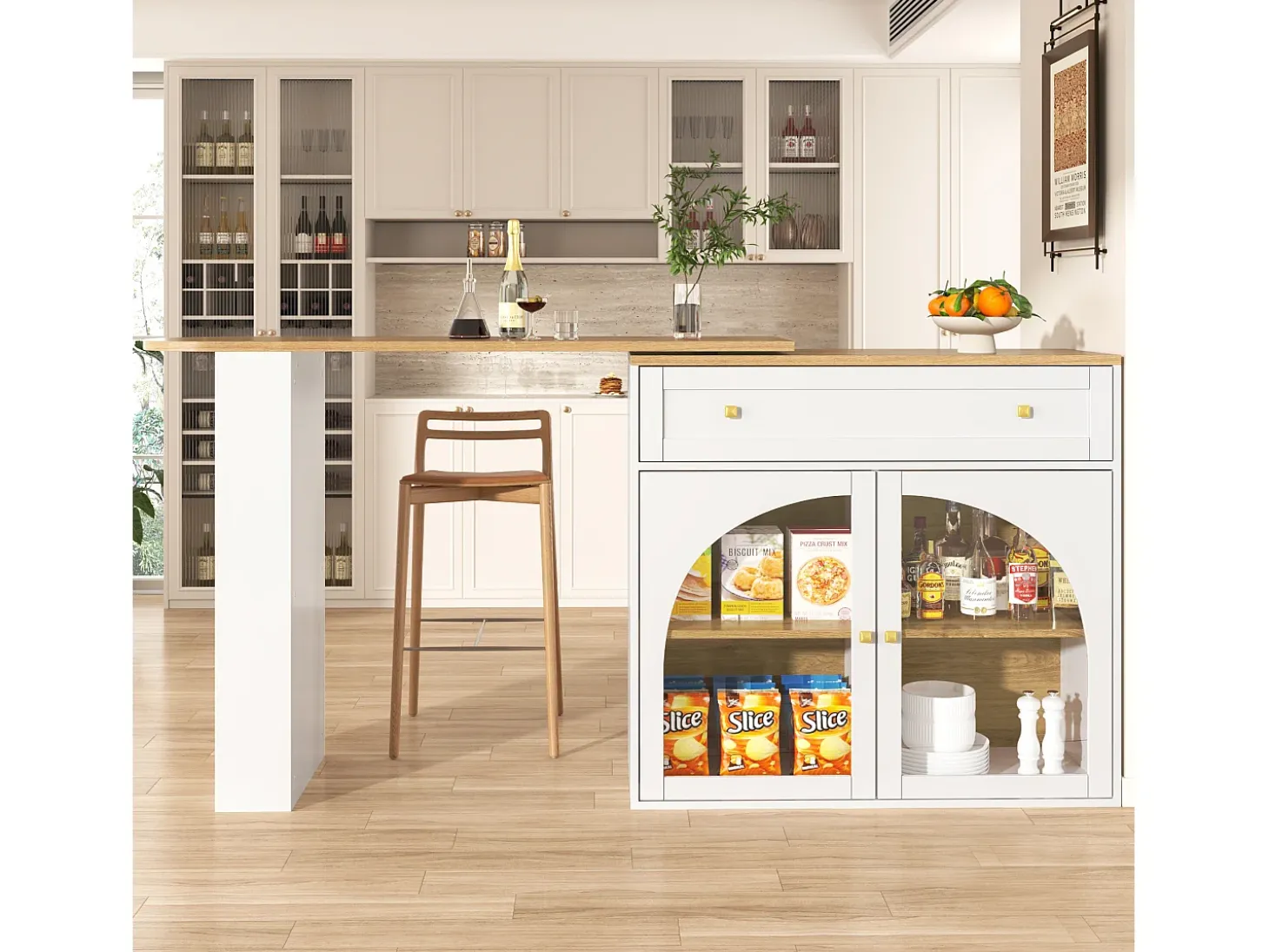 Móvel bar giratório com 1 gaveta larga e 2 portas de vidro, corpo branco, prateleiras incluídas - 204x39x104cm