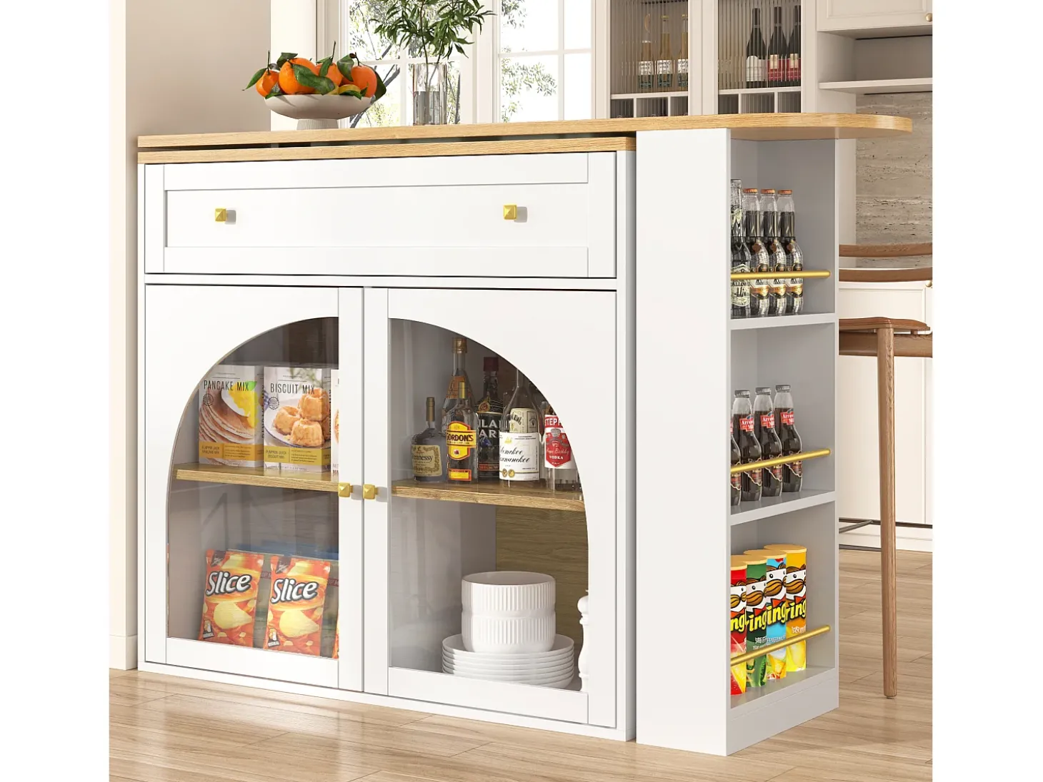Móvel bar giratório com 1 gaveta larga e 2 portas de vidro, corpo branco, prateleiras incluídas - 204x39x104cm
