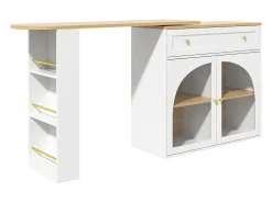 Móvel bar giratório com 1 gaveta larga e 2 portas de vidro, corpo branco, prateleiras incluídas - 204x39x104cm