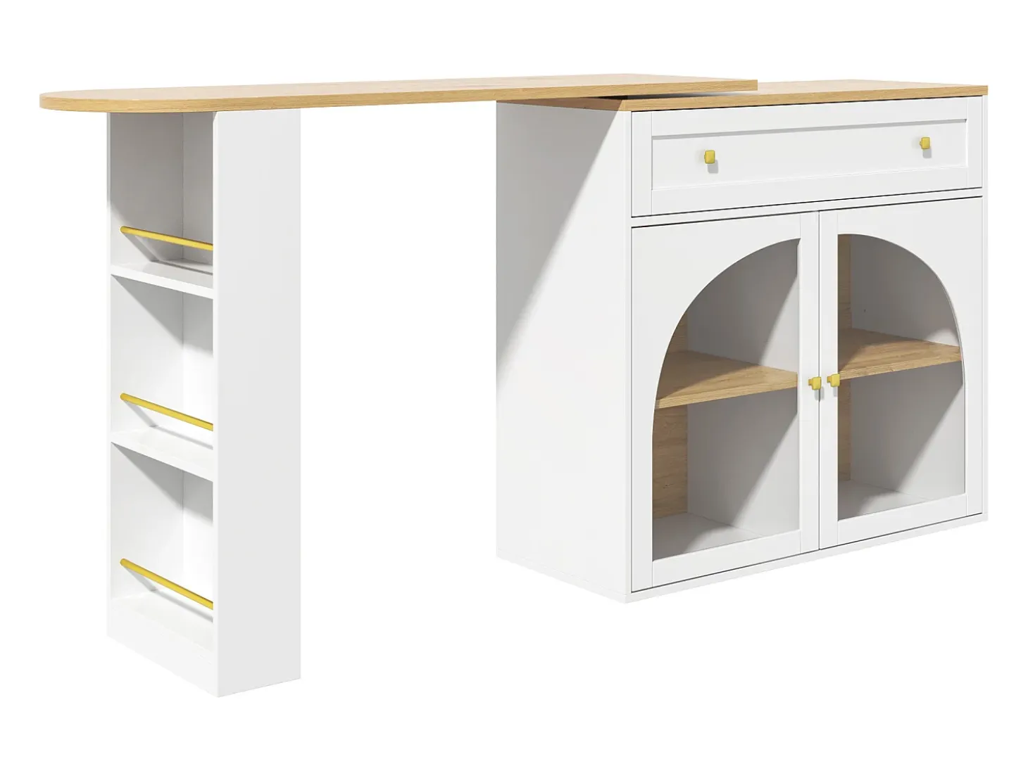 Móvel bar giratório com 1 gaveta larga e 2 portas de vidro, corpo branco, prateleiras incluídas - 204x39x104cm