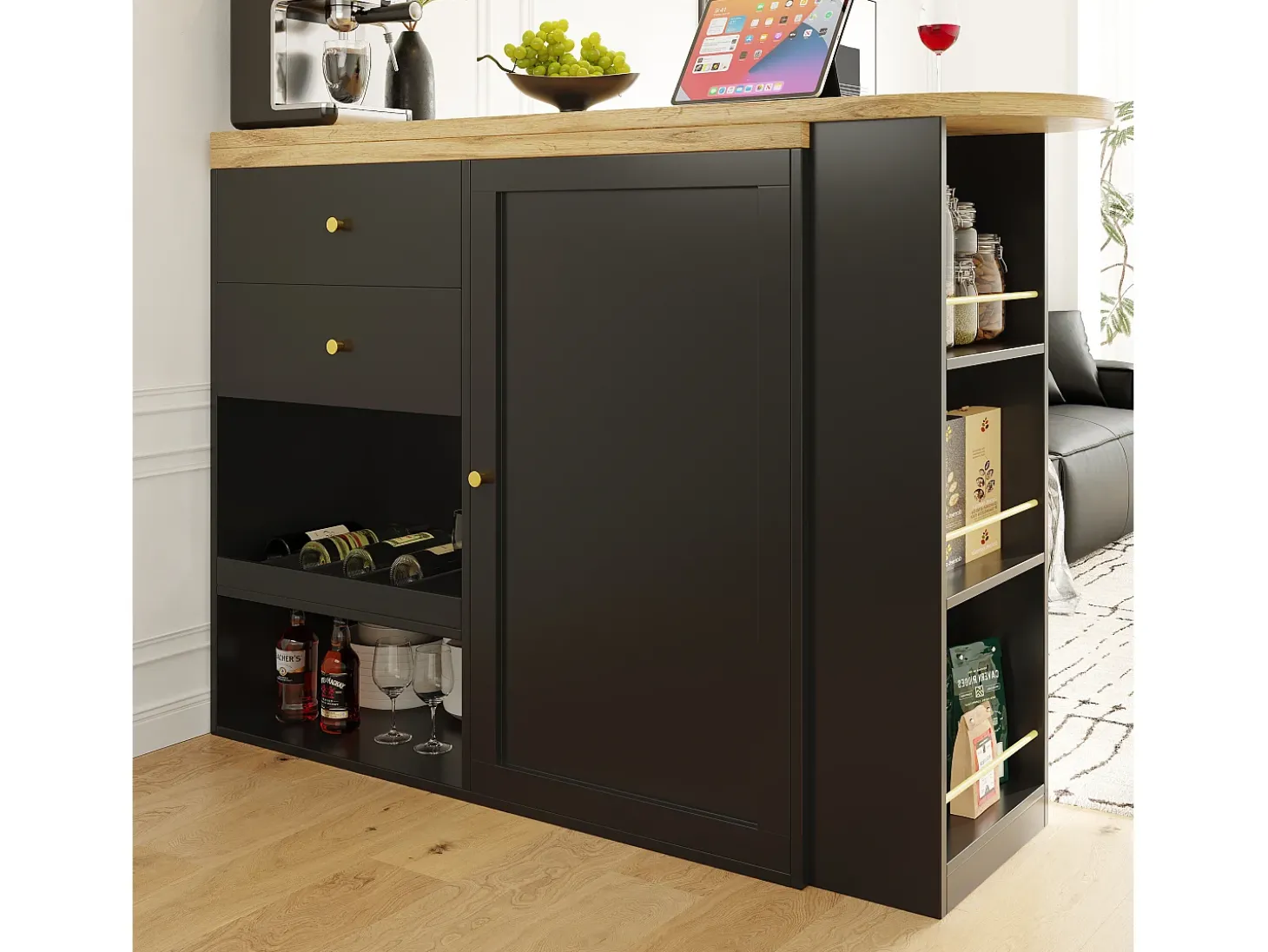Móvel bar giratório com 2 gavetas, 1 porta e 2 nichos, corpo preto com tampo em folheado de madeira - 138x39x104cm