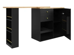 Móvel bar giratório com 2 gavetas, 1 porta e 2 nichos, corpo preto com tampo em folheado de madeira - 138x39x104cm