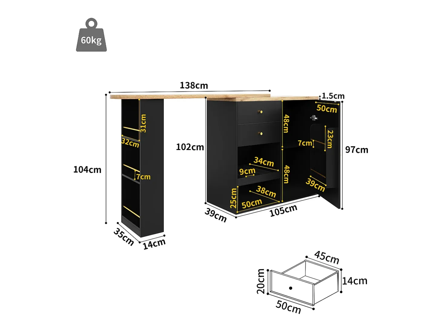 Móvel bar giratório com 2 gavetas, 1 porta e 2 nichos, corpo preto com tampo em folheado de madeira - 138x39x104cm