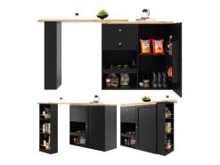 Móvel bar giratório com 2 gavetas, 1 porta e 2 nichos, corpo preto com tampo em folheado de madeira - 138x39x104cm