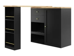 Móvel bar giratório com 2 gavetas, 1 porta e 2 nichos, corpo preto com tampo em folheado de madeira - 138x39x104cm