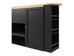 Móvel bar giratório com 2 gavetas, 1 porta e 2 nichos, corpo preto com tampo em folheado de madeira - 138x39x104cm