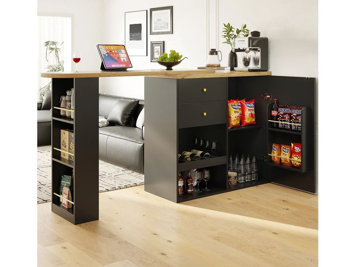 Móvel bar giratório com 2 gavetas, 1 porta e 2 nichos, corpo preto com tampo em folheado de madeira - 138x39x104cm