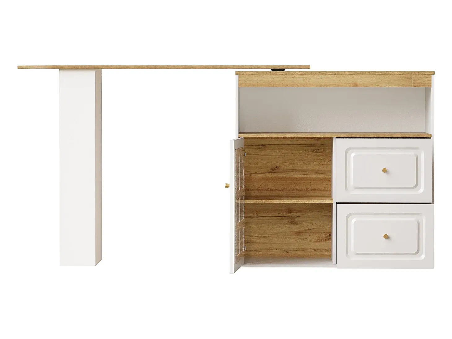 Móvel bar giratório com 1 porta de vidro, 1 nicho e 2 gavetas, corpo branco, prateleiras incluídas - 204x39x104cm