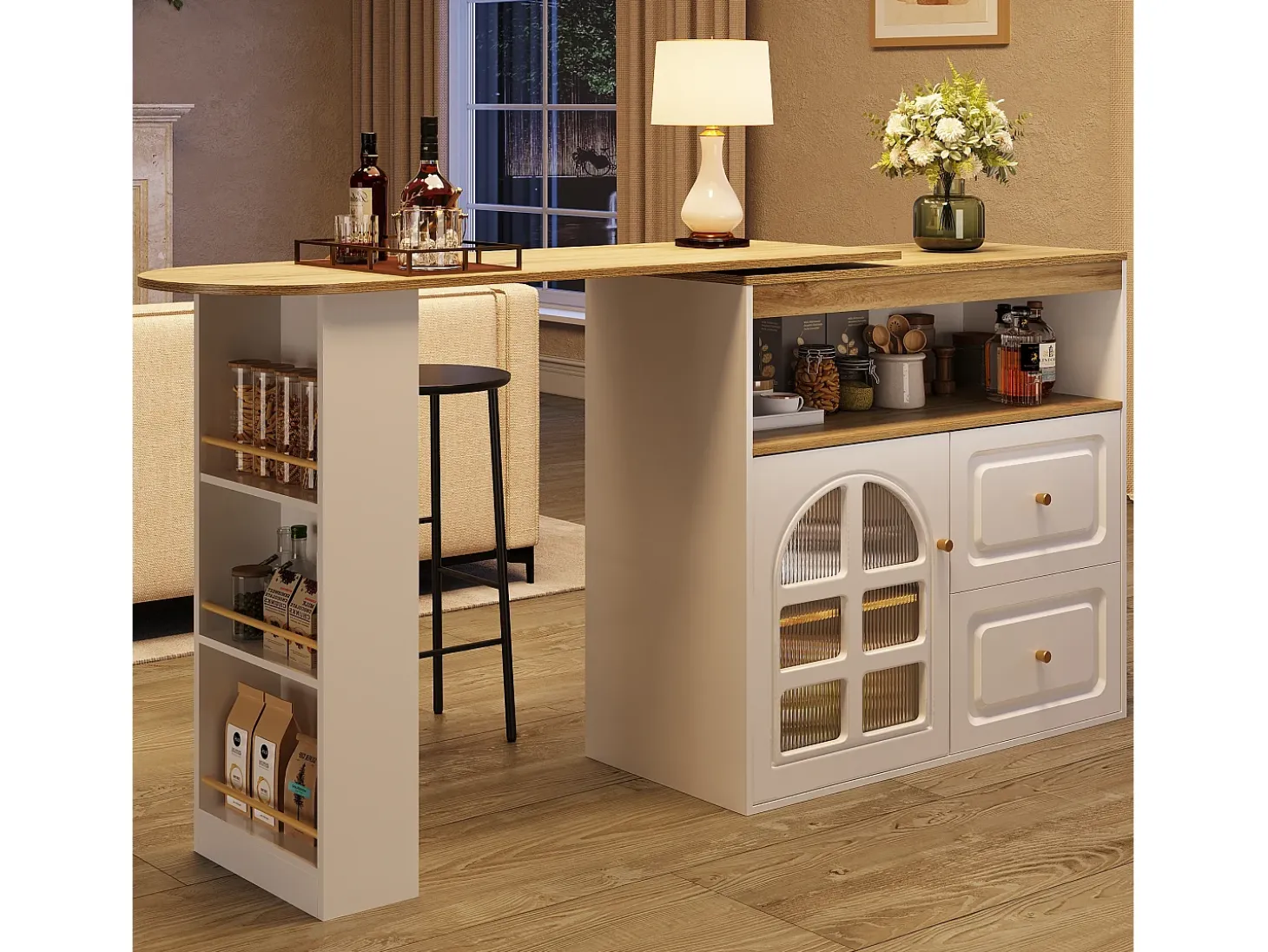 Móvel bar giratório com 1 porta de vidro, 1 nicho e 2 gavetas, corpo branco, prateleiras incluídas - 204x39x104cm