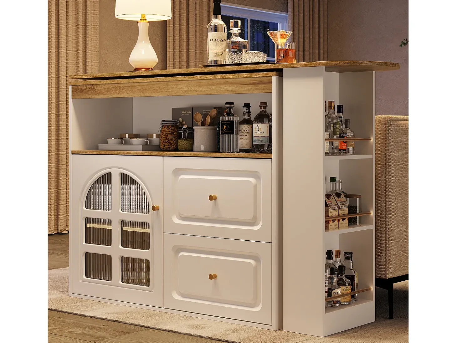 Móvel bar giratório com 1 porta de vidro, 1 nicho e 2 gavetas, corpo branco, prateleiras incluídas - 204x39x104cm