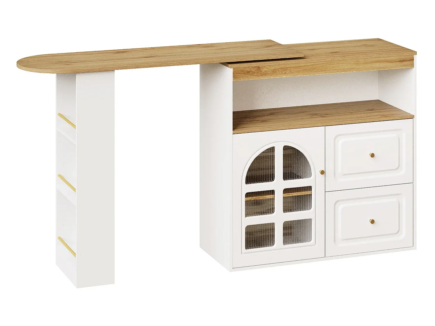 Móvel bar giratório com 1 porta de vidro, 1 nicho e 2 gavetas, corpo branco, prateleiras incluídas - 204x39x104cm