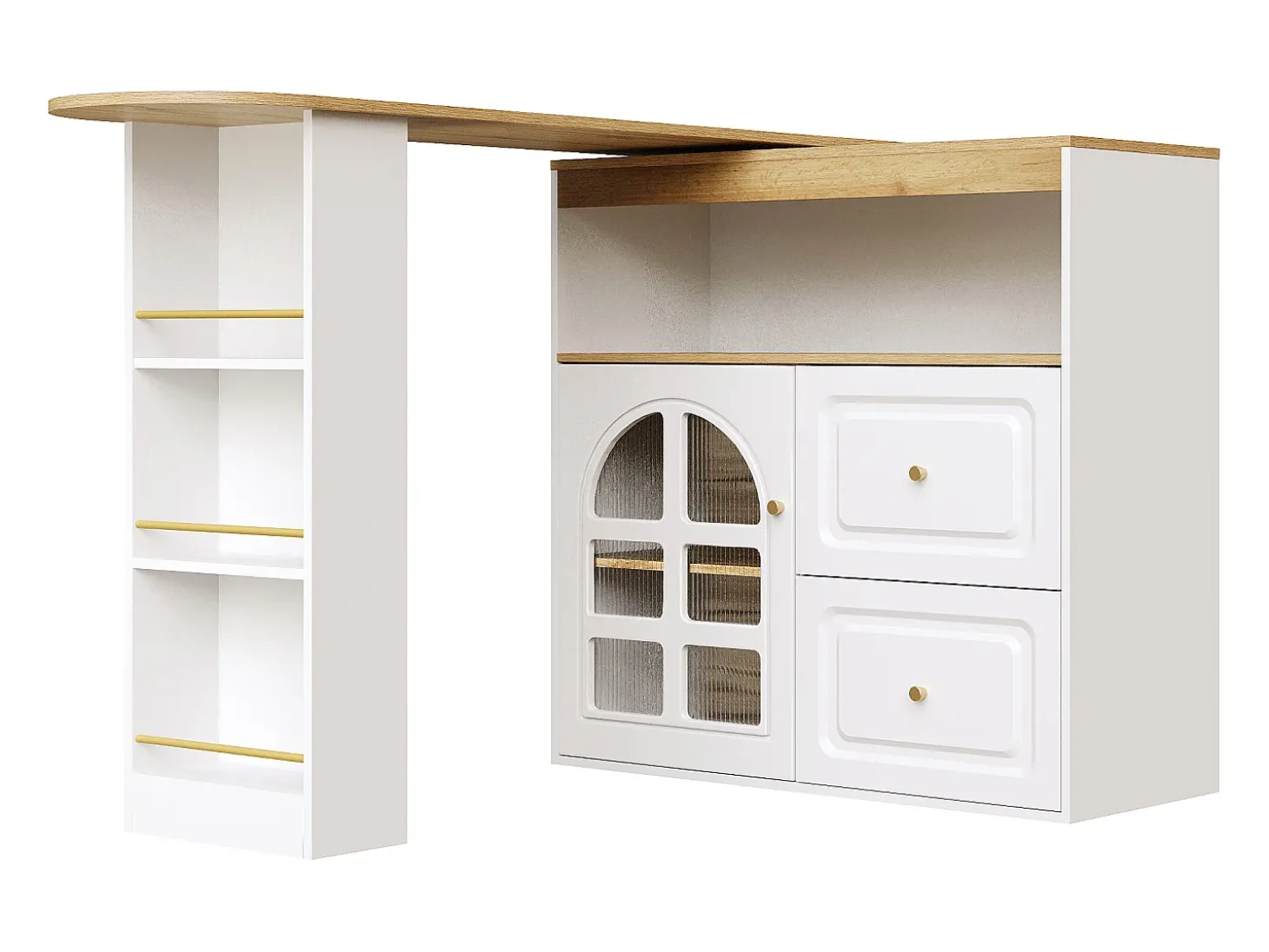 Móvel bar giratório com 1 porta de vidro, 1 nicho e 2 gavetas, corpo branco, prateleiras incluídas - 204x39x104cm
