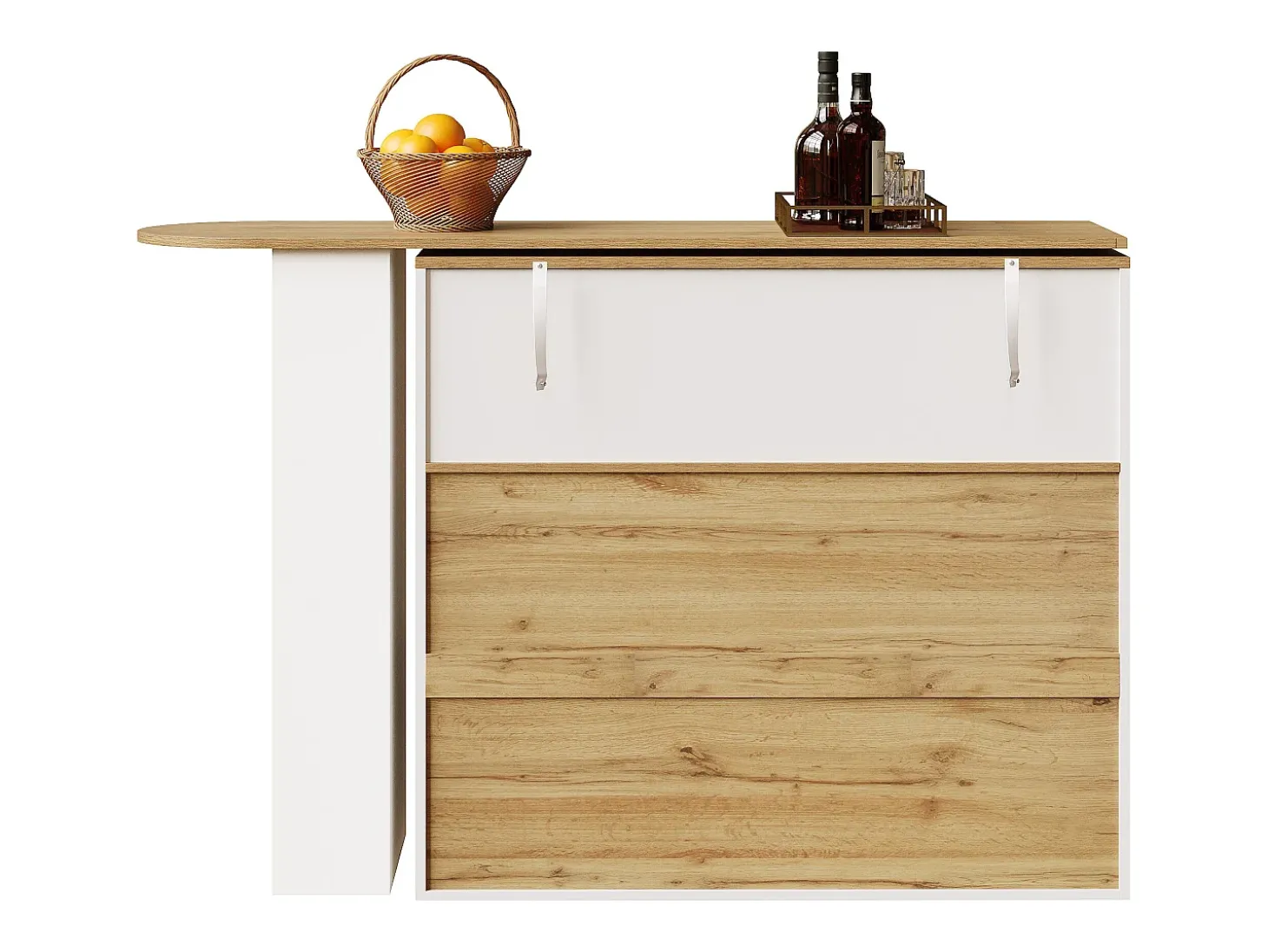 Móvel bar giratório com 1 porta de vidro, 1 nicho e 2 gavetas, corpo branco, prateleiras incluídas - 204x39x104cm