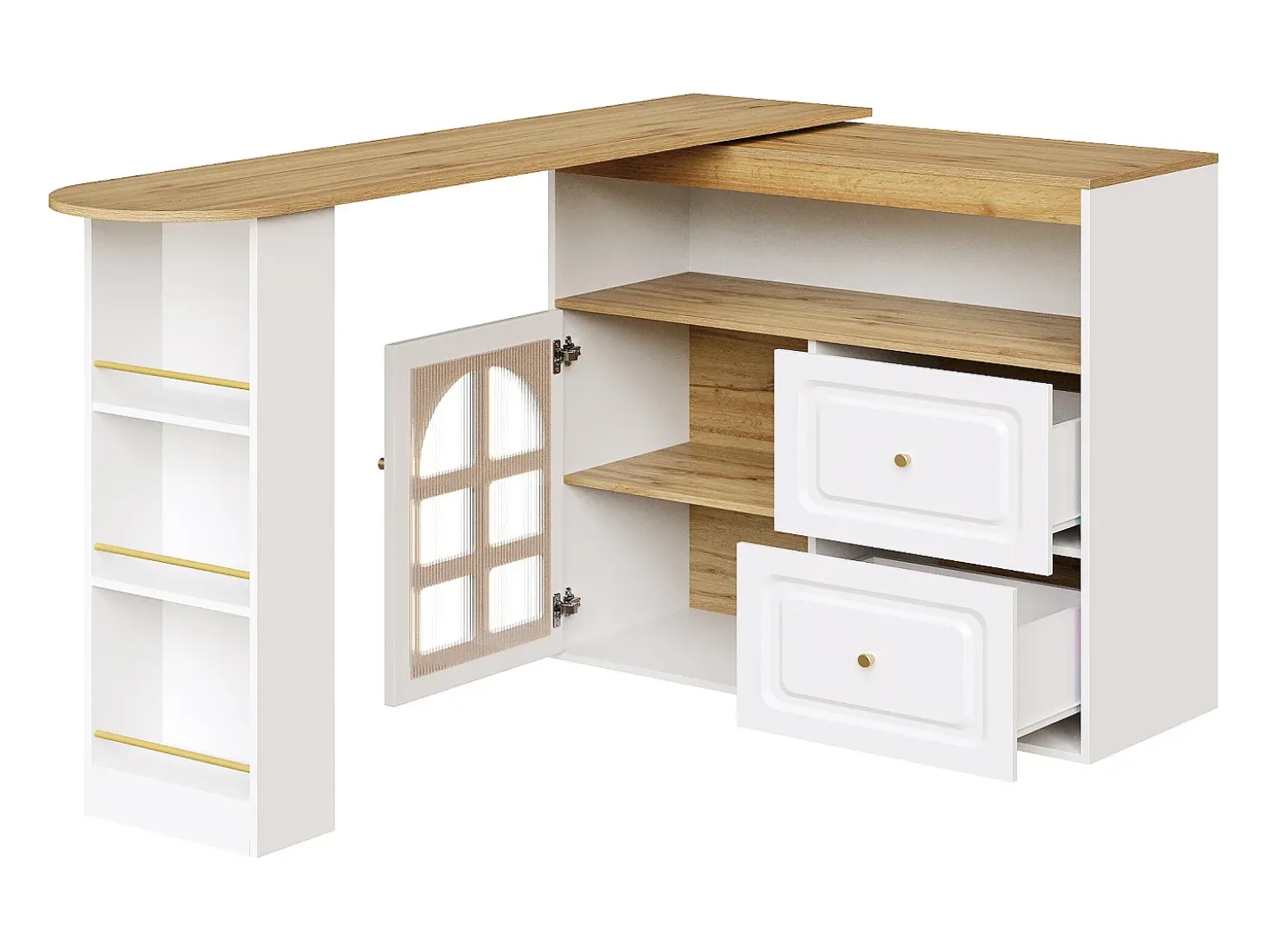 Móvel bar giratório com 1 porta de vidro, 1 nicho e 2 gavetas, corpo branco, prateleiras incluídas - 204x39x104cm