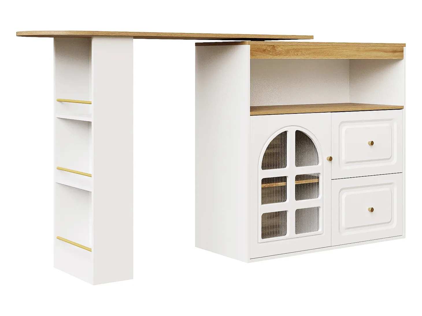 Móvel bar giratório com 1 porta de vidro, 1 nicho e 2 gavetas, corpo branco, prateleiras incluídas - 204x39x104cm