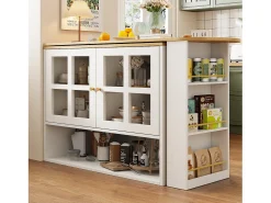 Móvel bar giratório com 2 portas de vidro e 1 nicho, corpo branco, tampo em folheado de madeira - 204x39x102,5cm