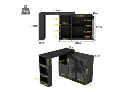 Móvel bar giratório com 3 portas, incluindo 2 portas de vidro, prateleiras abertas incluídas, corpo preto - 120x40x103cm