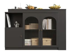 Móvel bar giratório com 3 portas, incluindo 2 portas de vidro, prateleiras abertas incluídas, corpo preto - 120x40x103cm