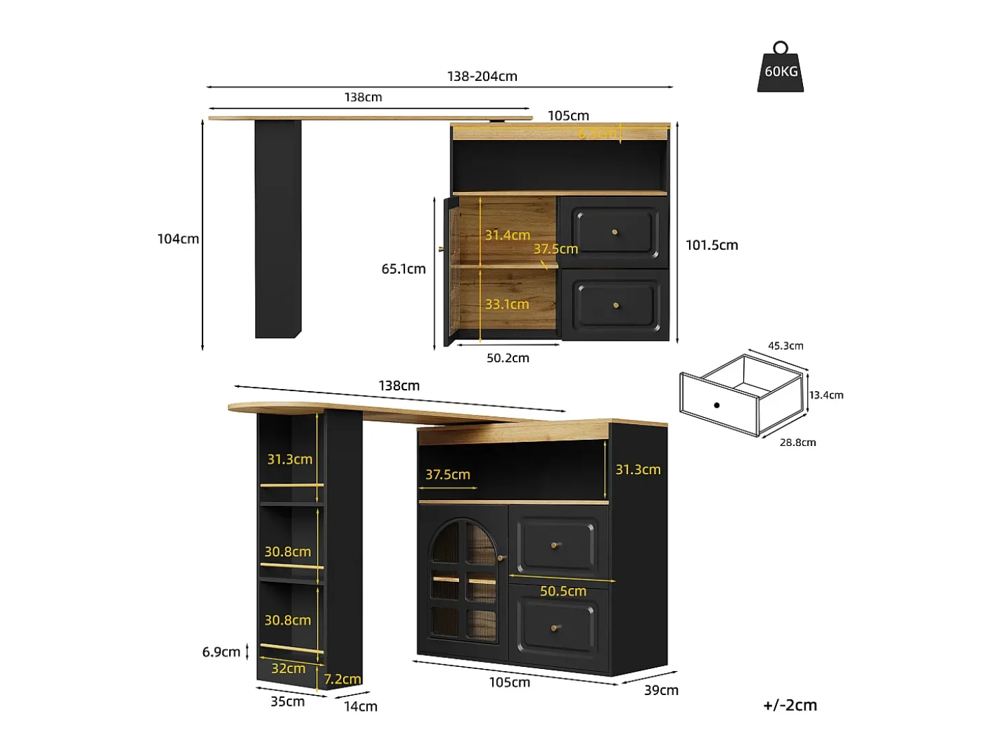Móvel bar giratório com 1 porta de vidro, 1 nicho e 2 gavetas, corpo preto, prateleiras incluídas - 204x39x104cm
