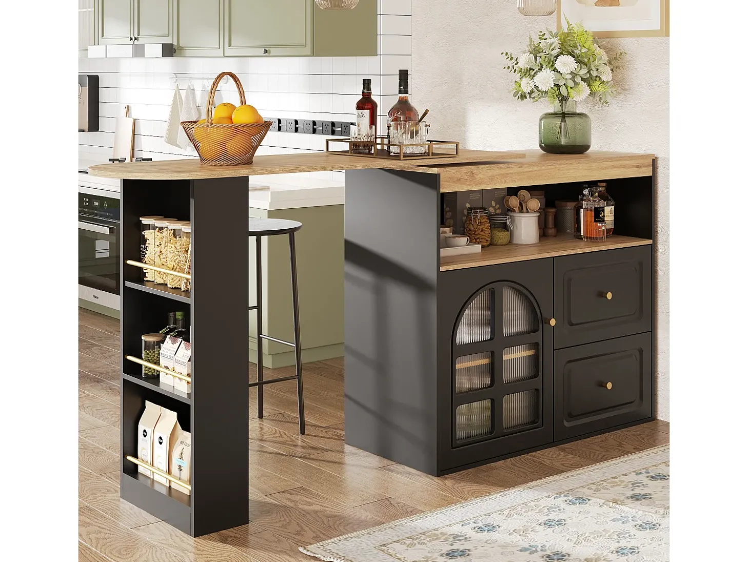 Móvel bar giratório com 1 porta de vidro, 1 nicho e 2 gavetas, corpo preto, prateleiras incluídas - 204x39x104cm