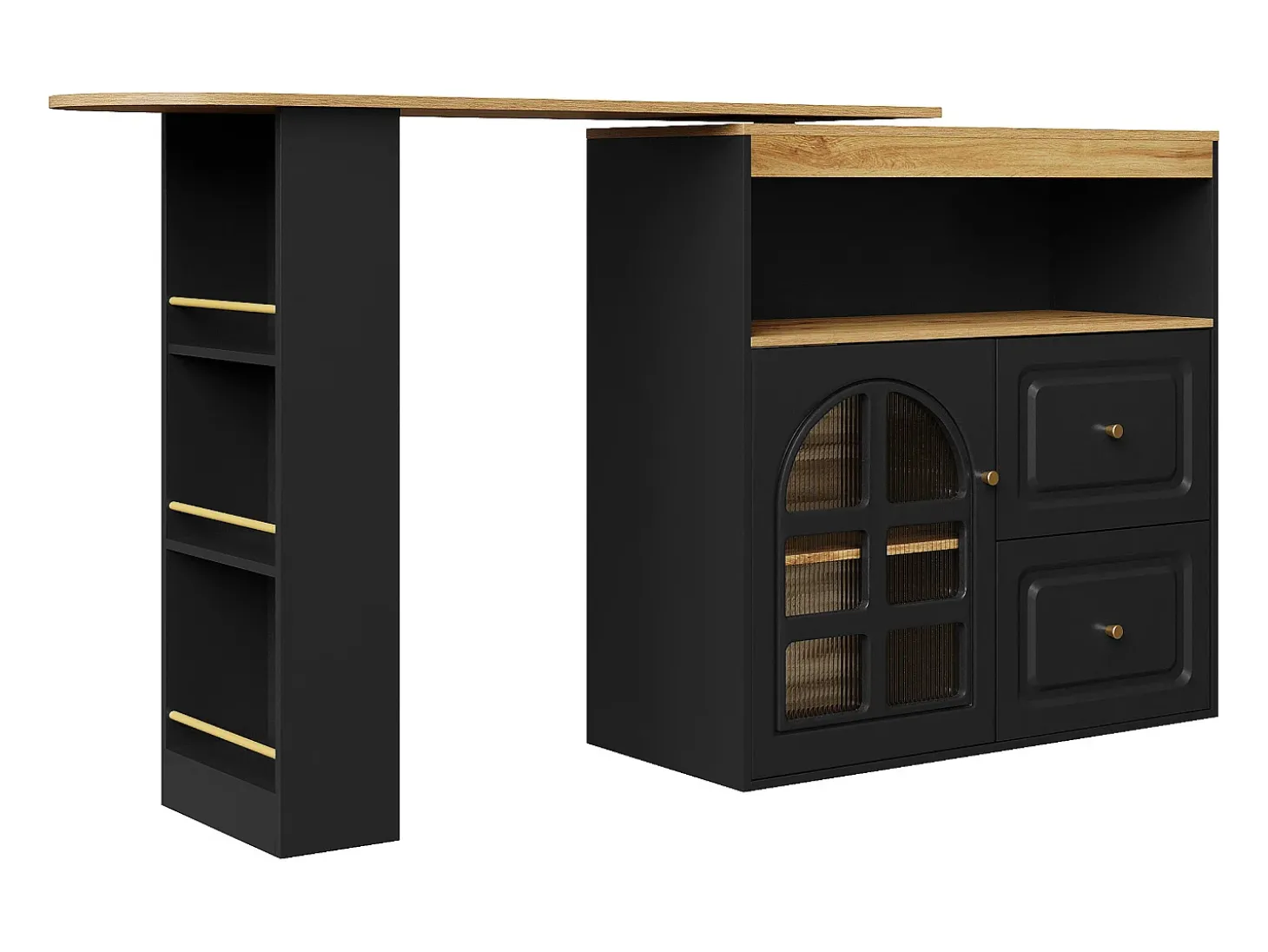 Móvel bar giratório com 1 porta de vidro, 1 nicho e 2 gavetas, corpo preto, prateleiras incluídas - 204x39x104cm