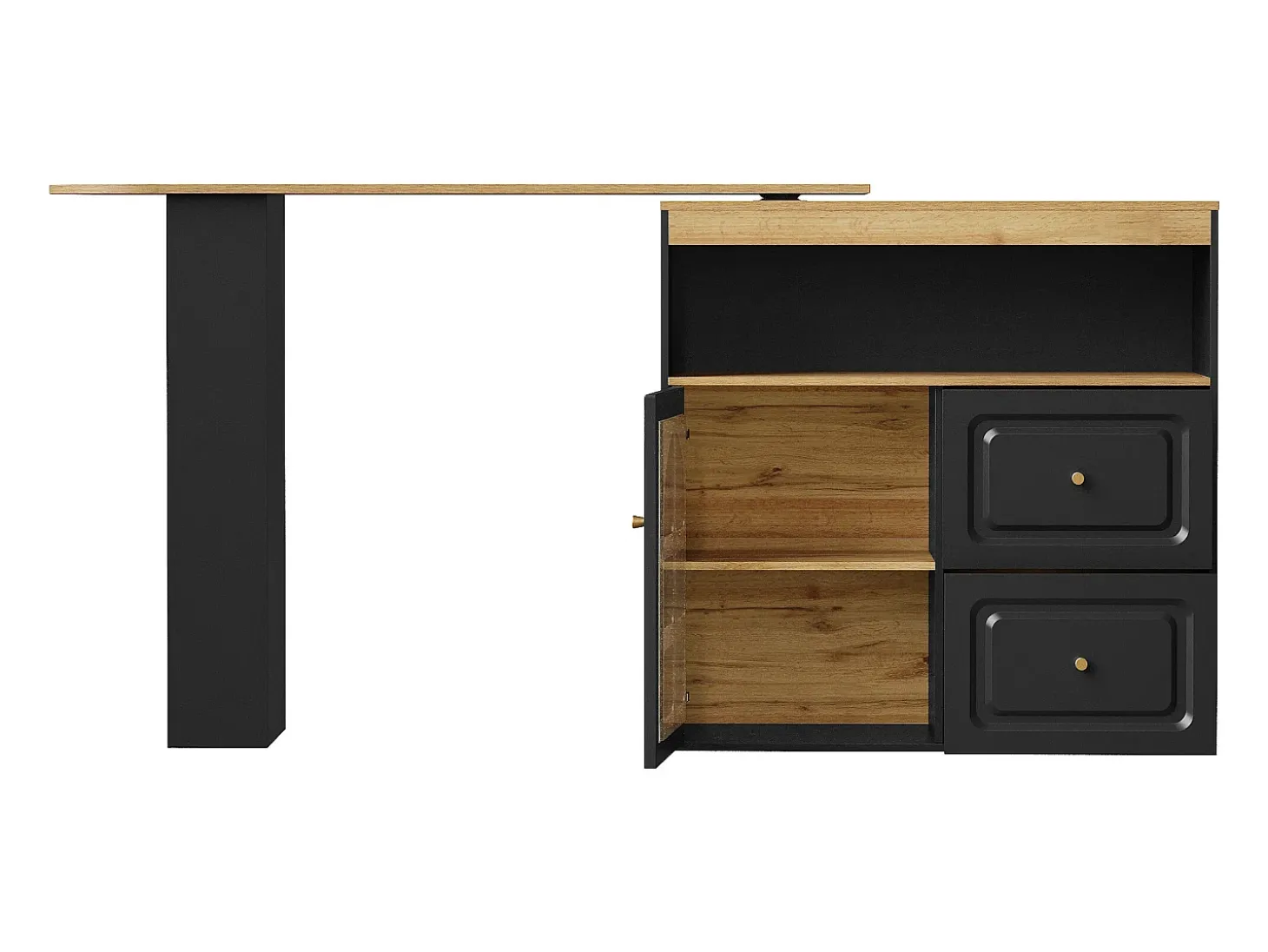 Móvel bar giratório com 1 porta de vidro, 1 nicho e 2 gavetas, corpo preto, prateleiras incluídas - 204x39x104cm