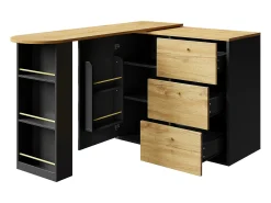 Móvel bar giratório com 1 porta e 3 gavetas, prateleira lateral de três níveis incluída, preto e natural claro - 204x39x104cm