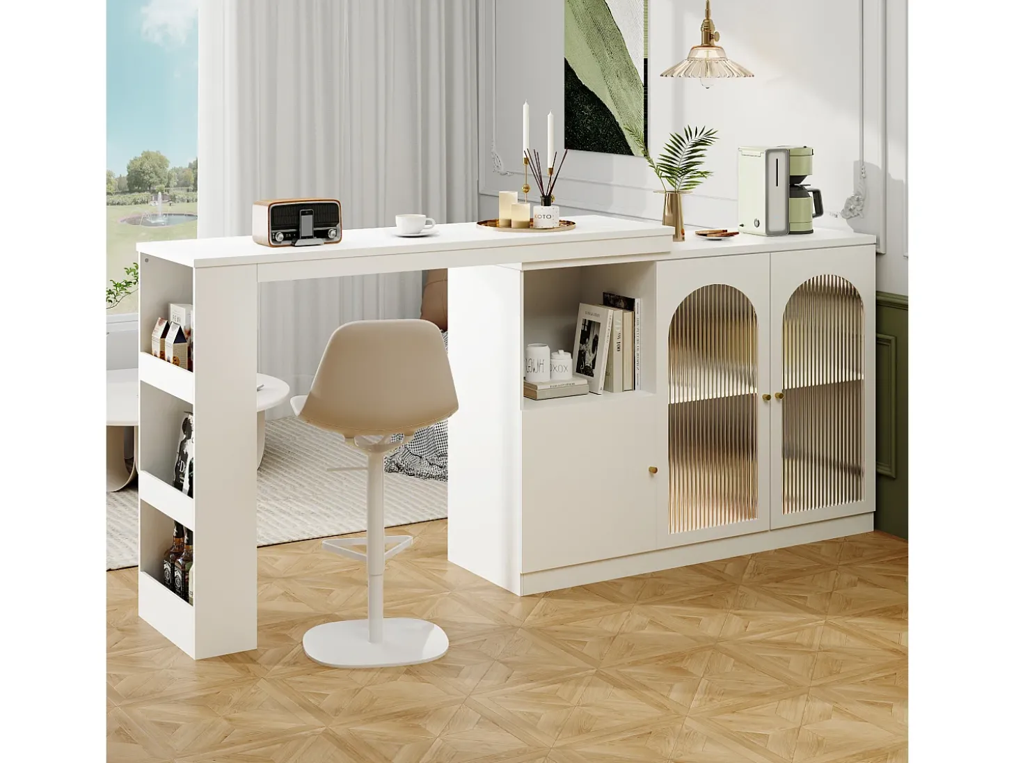Móvel bar giratório com 3 portas, incluindo 2 portas de vidro, prateleiras abertas incluídas, corpo branco - 120x40x103cm