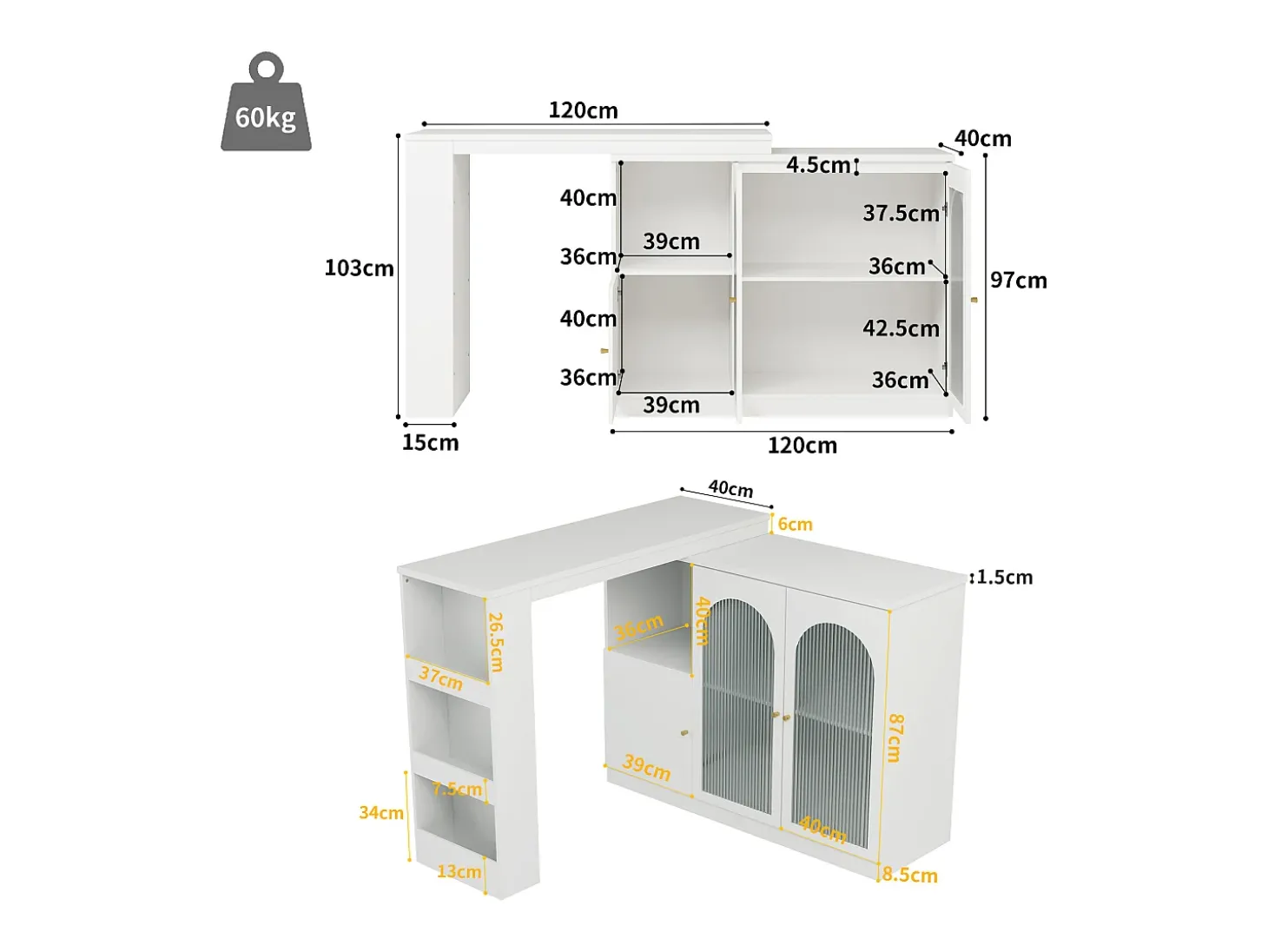 Móvel bar giratório com 3 portas, incluindo 2 portas de vidro, prateleiras abertas incluídas, corpo branco - 120x40x103cm