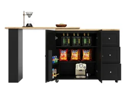 Móvel bar giratório com rodízios, 2 portas, 3 gavetas e prateleiras, tampo em folheado de madeira natural clara, corpo preto - 209x39x106cm