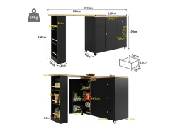 Móvel bar giratório com rodízios, 2 portas, 3 gavetas e prateleiras, tampo em folheado de madeira natural clara, corpo preto - 209x39x106cm