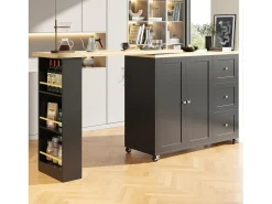 Móvel bar giratório com rodízios, 2 portas, 3 gavetas e prateleiras, tampo em folheado de madeira natural clara, corpo preto - 209x39x106cm