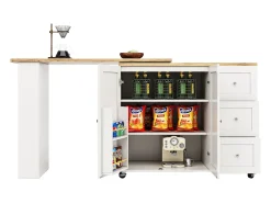 Móvel bar giratório com rodízios, 2 portas, 3 gavetas e prateleiras, tampo em folheado de madeira natural clara, corpo branco - 209x39x106cm