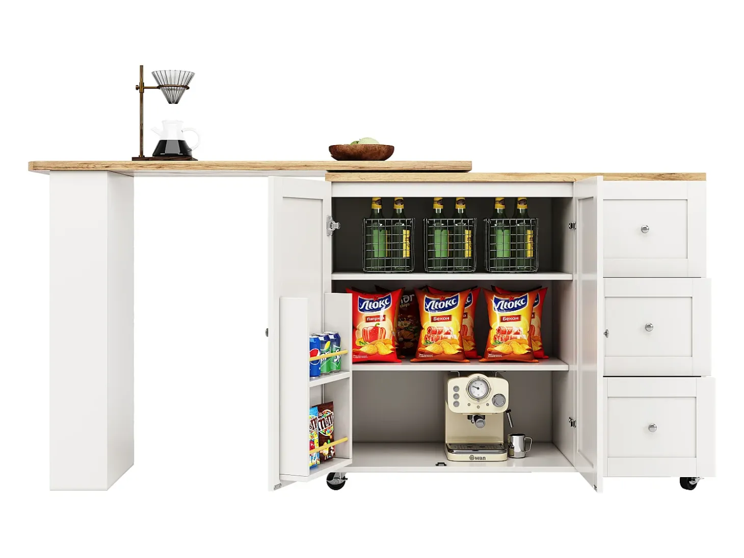 Móvel bar giratório com rodízios, 2 portas, 3 gavetas e prateleiras, tampo em folheado de madeira natural clara, corpo branco - 209x39x106cm