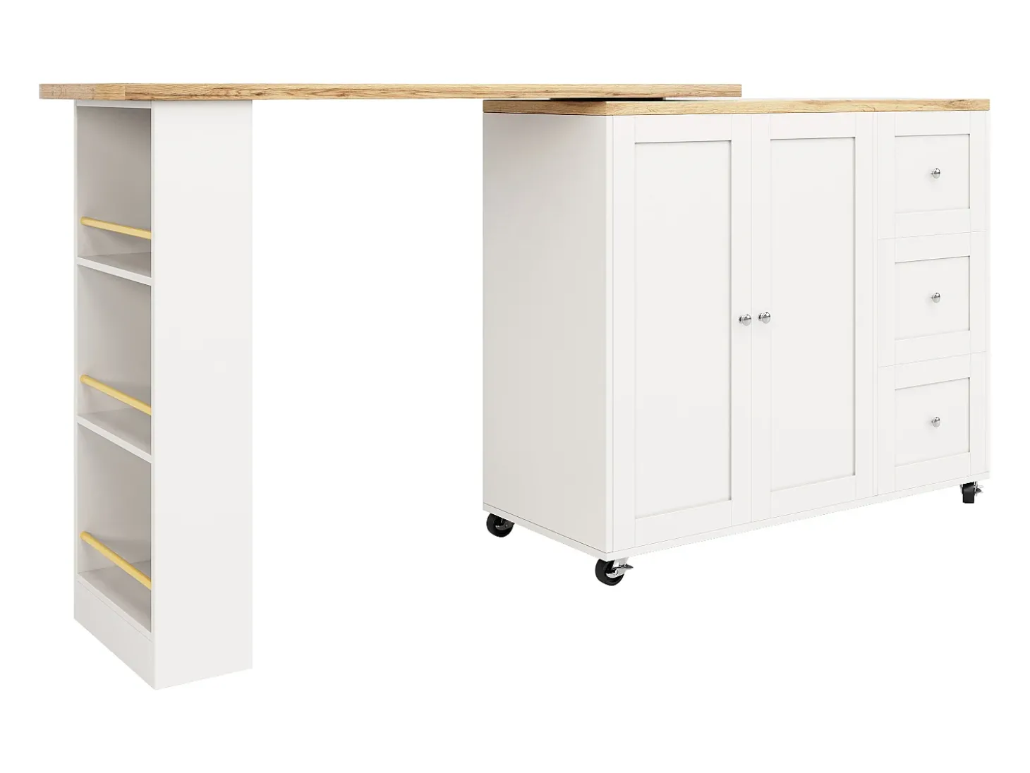Móvel bar giratório com rodízios, 2 portas, 3 gavetas e prateleiras, tampo em folheado de madeira natural clara, corpo branco - 209x39x106cm