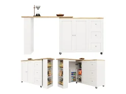 Móvel bar giratório com rodízios, 2 portas, 3 gavetas e prateleiras, tampo em folheado de madeira natural clara, corpo branco - 209x39x106cm